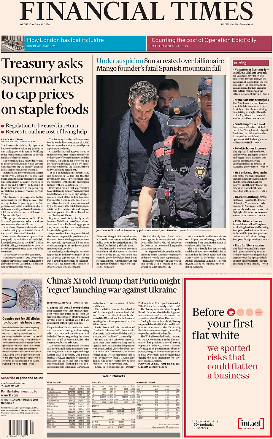 Front page of Financial Times today - UK press 20 May 2026