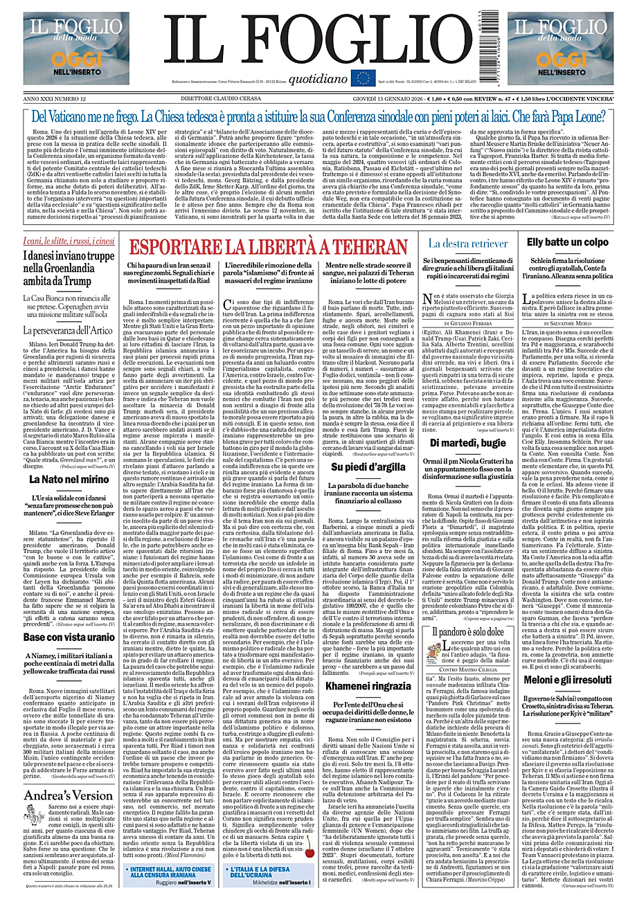 Prima pagina Il Foglio Quotidiano di oggi - Edicola 15 Gennaio 2026