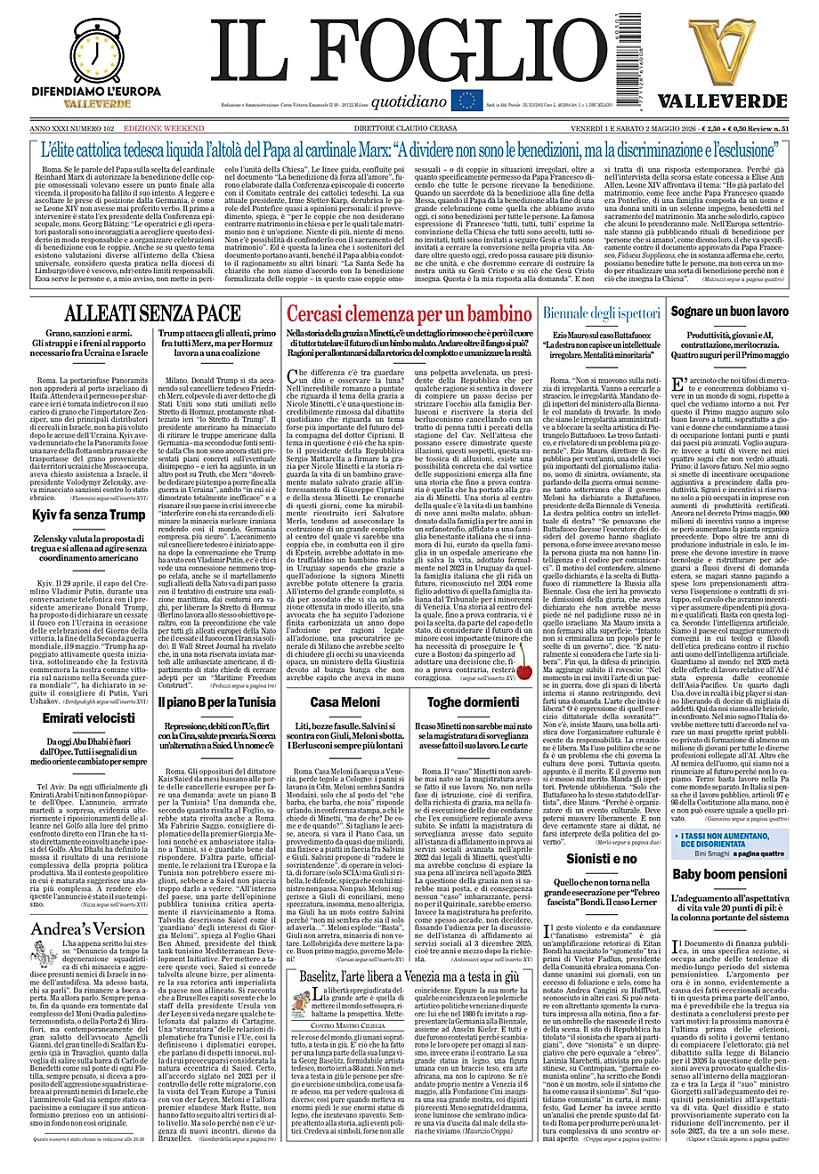 Portada Il Foglio Quotidiano de hoy - Quiosco 1 mayo 2026