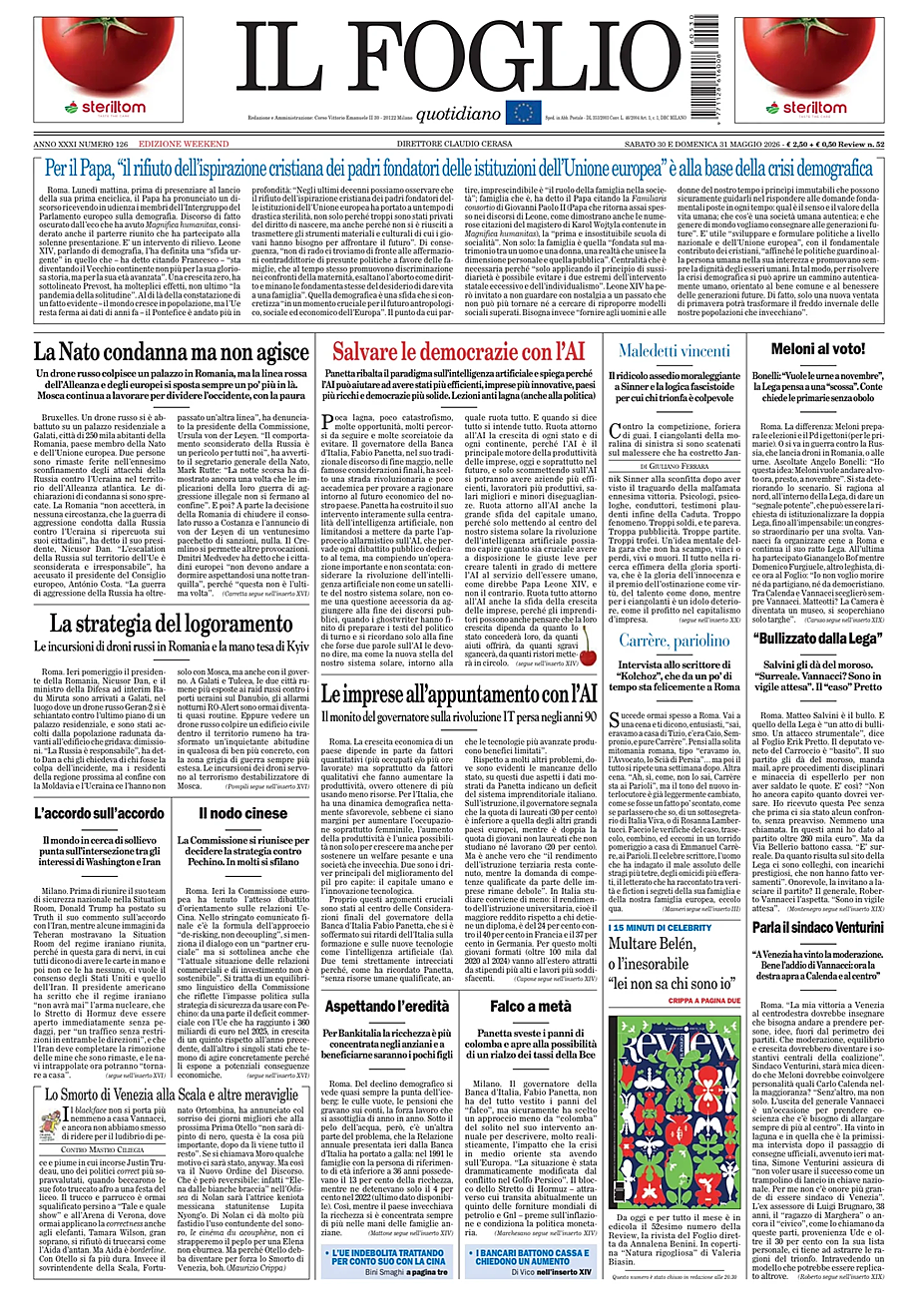 Prima pagina Il Foglio Quotidiano di oggi - Edicola 30 Maggio 2026