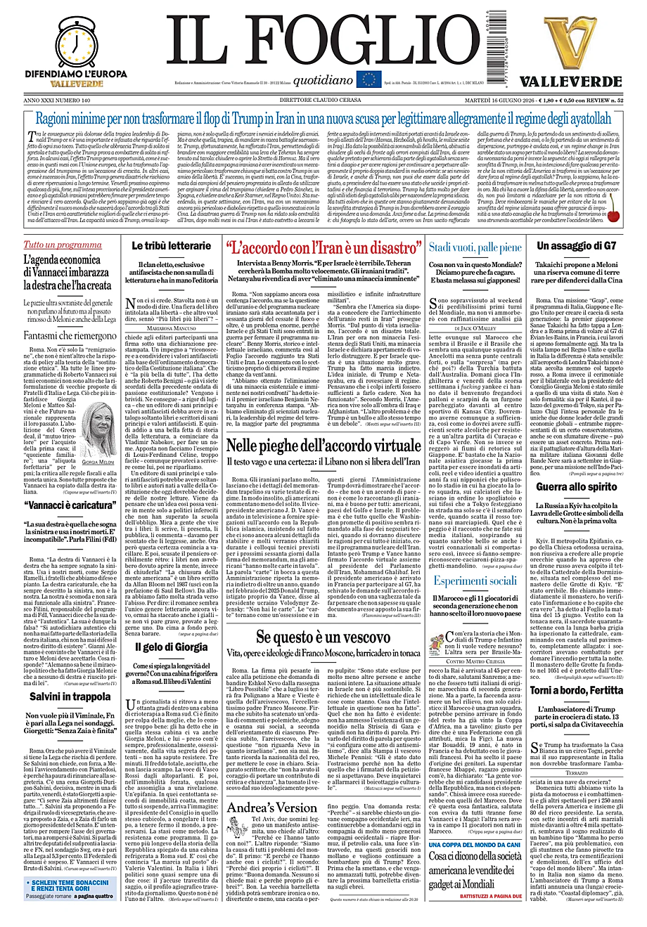 Portada Il Foglio Quotidiano de hoy - Quiosco 16 junio 2026