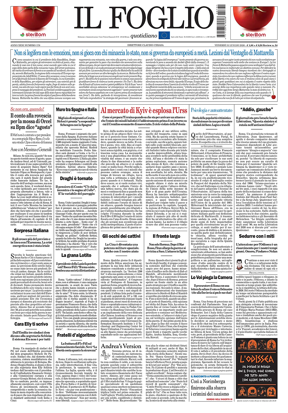 Portada Il Foglio Quotidiano de hoy - Quiosco 31 julio 2026