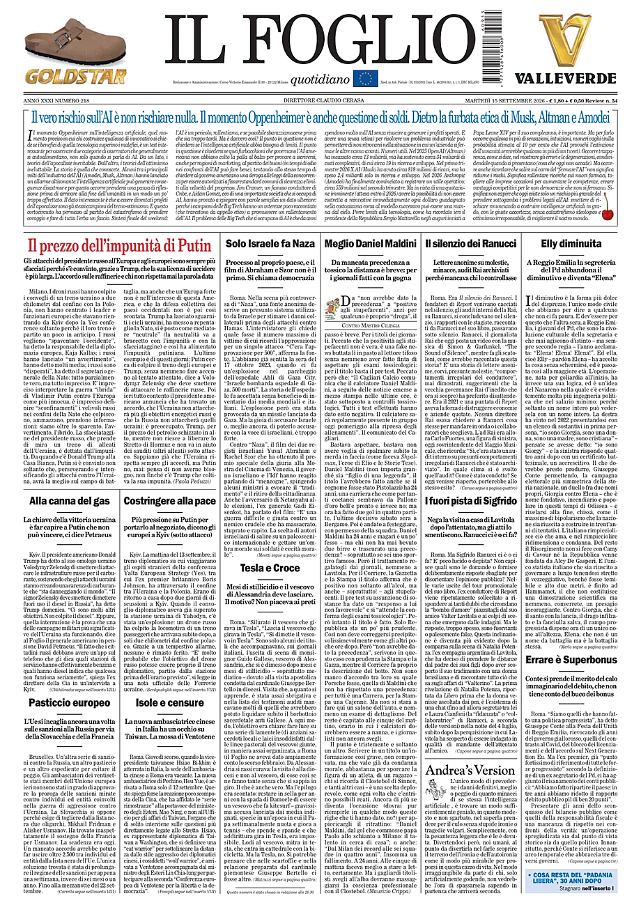 Portada Il Foglio Quotidiano de hoy - Quiosco 15 septiembre 2026