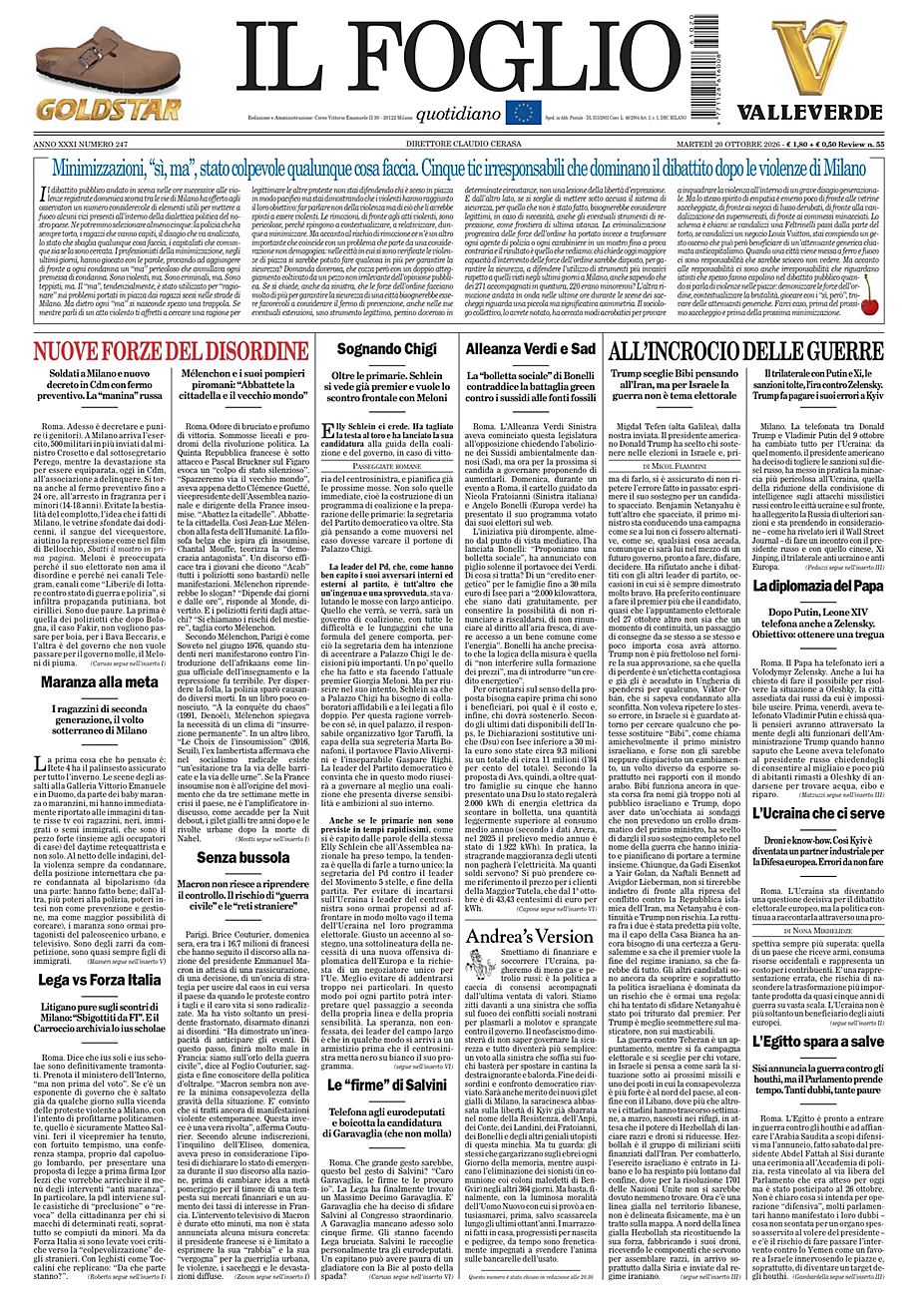 Prima pagina Il Foglio Quotidiano di oggi - Edicola 20 Ottobre 2026
