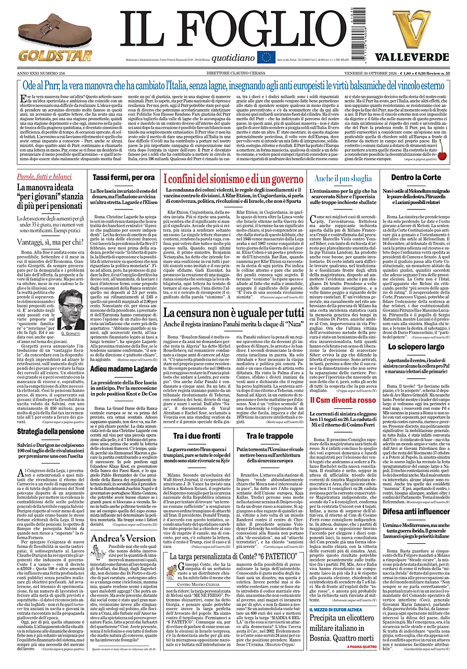 Portada Il Foglio Quotidiano de hoy - Quiosco 30 octubre 2026