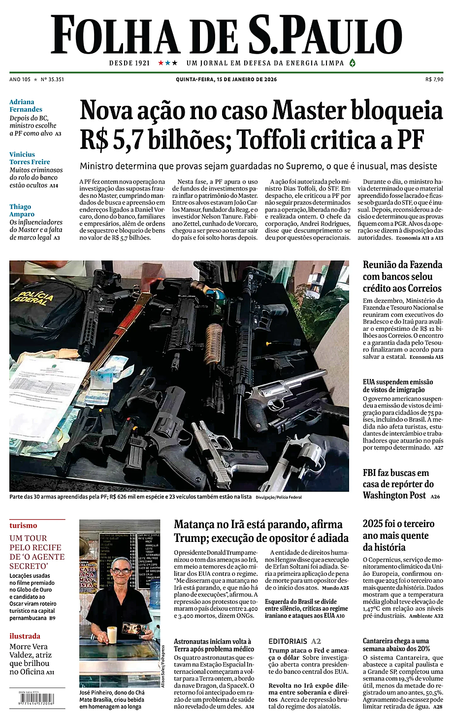 Prima pagina Folha de S.Paulo di oggi - Edicola 15 Gennaio 2026