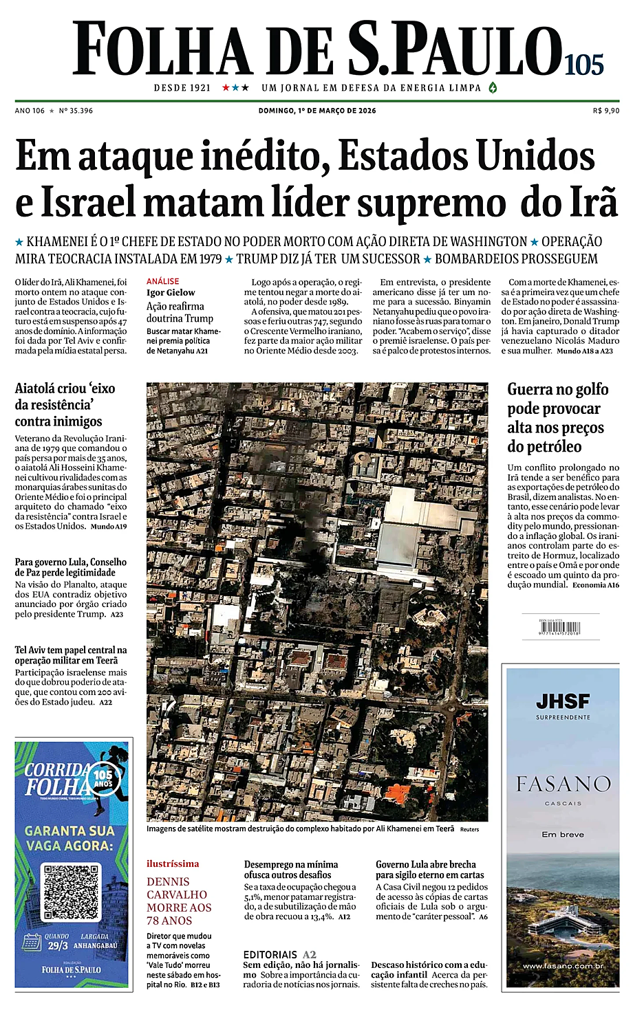 Prima pagina Folha de S.Paulo di oggi - Edicola 1 Marzo 2026