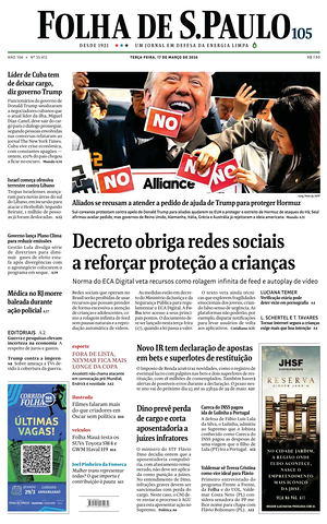 Prima pagina Folha de S.Paulo di oggi - Quotidiano estero