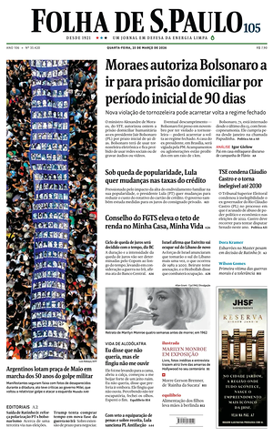 Prima pagina Folha de S.Paulo di oggi - Quotidiano estero