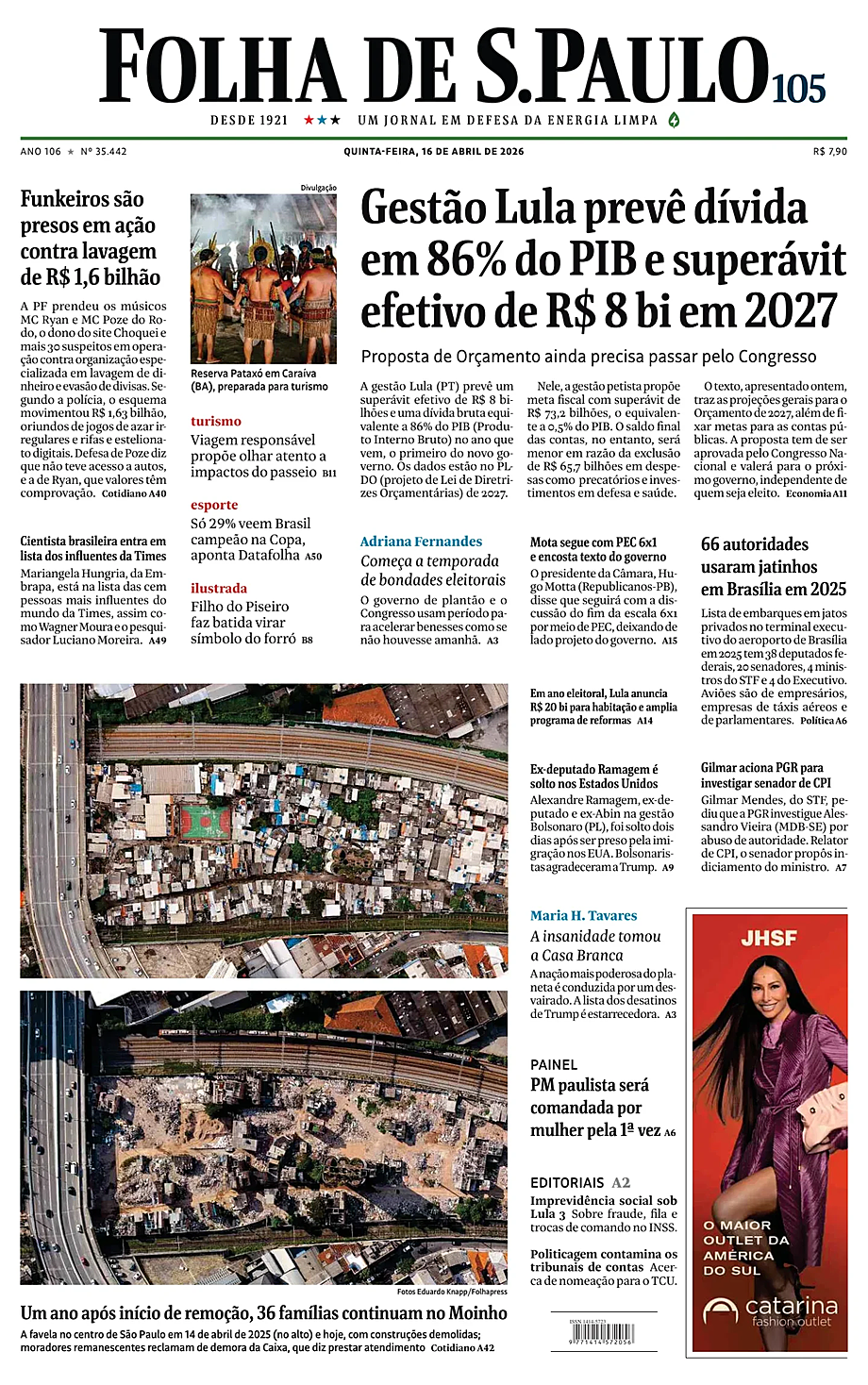 Prima pagina Folha de S.Paulo di oggi - Edicola 16 Aprile 2026
