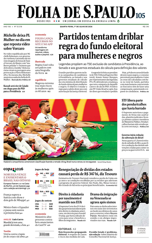 Prima pagina Folha de S.Paulo di oggi - Quotidiano estero