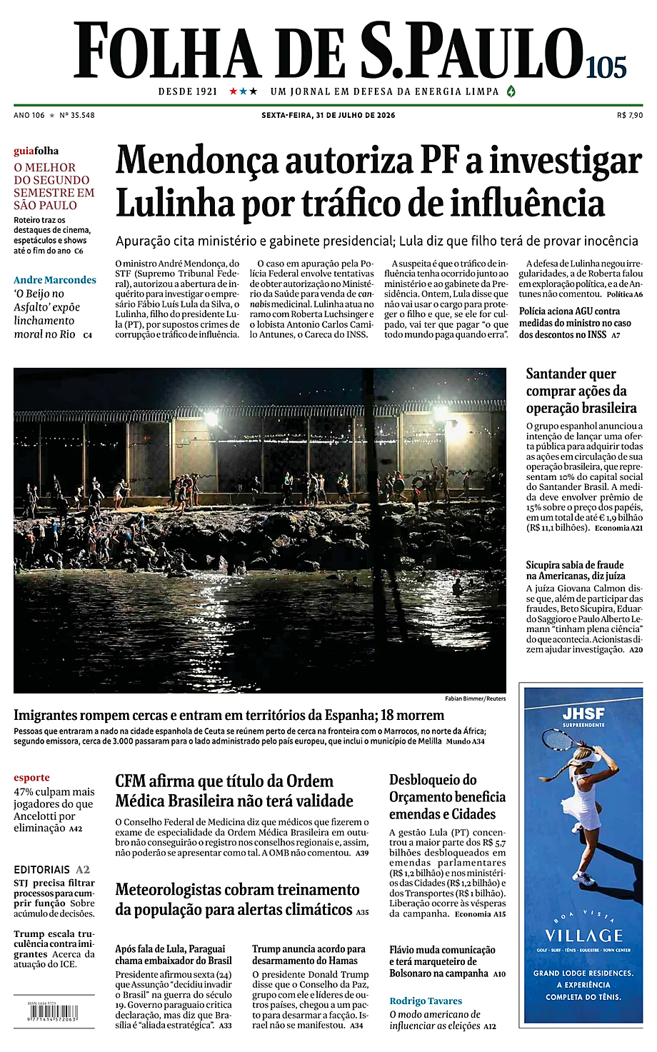Portada Folha de S.Paulo de hoy - Quiosco 31 julio 2026