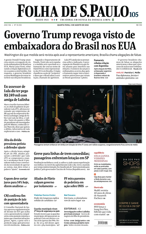 Prima pagina Folha de S.Paulo di oggi - Quotidiano estero