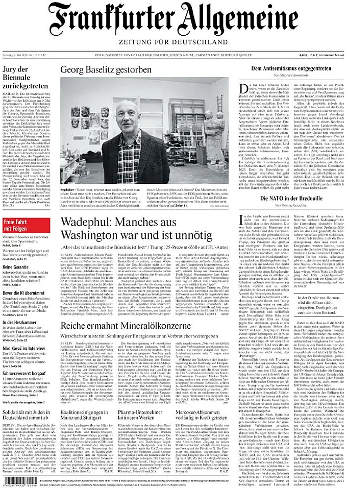 Titelseite von Frankfurter Allgemeine Zeitung heute - Presse 2 Mai 2026