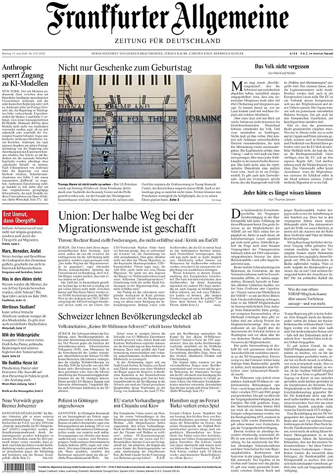 Titelseite von Frankfurter Allgemeine Zeitung heute - Presse 15 Juni 2026
