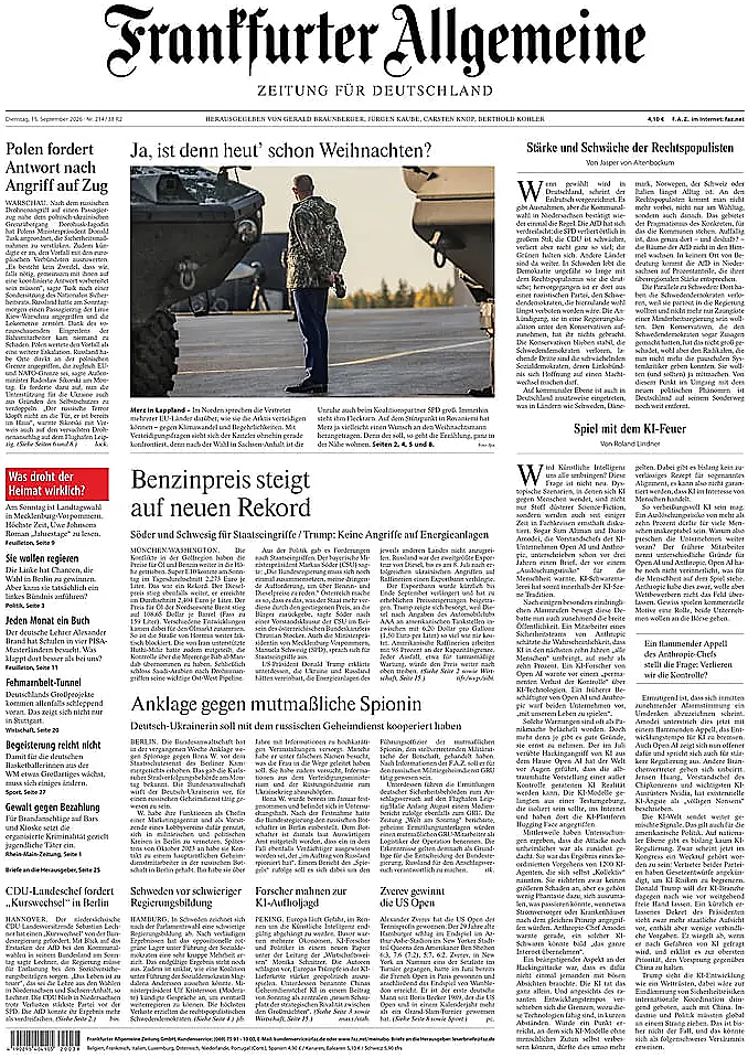 Titelseite von Frankfurter Allgemeine Zeitung heute - Presse 15 September 2026
