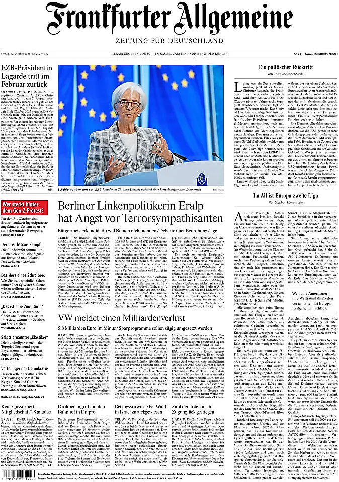 Titelseite von Frankfurter Allgemeine Zeitung heute - Presse 30 Oktober 2026