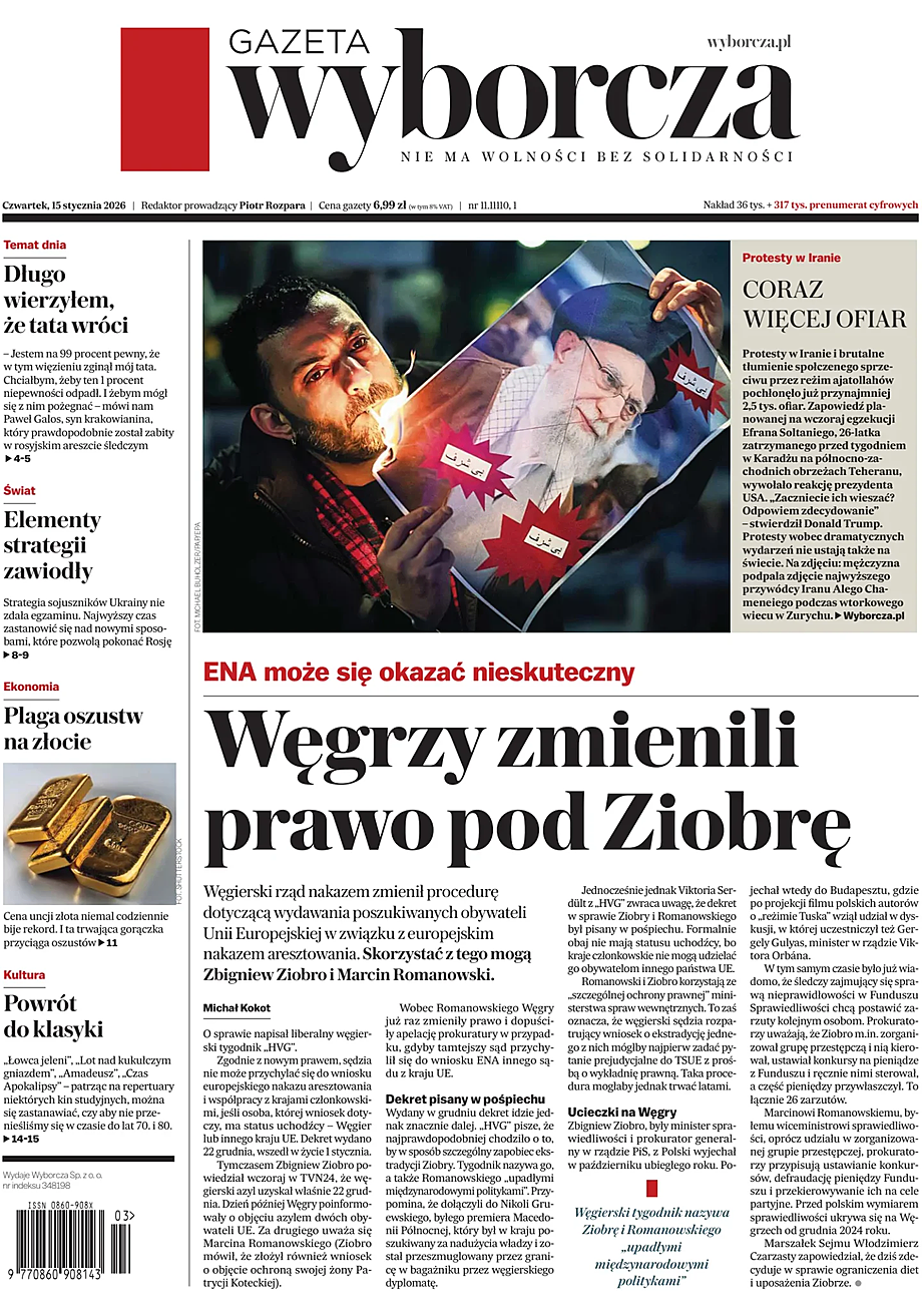 Prima pagina Gazeta Wyborcza di oggi - Edicola 15 Gennaio 2026