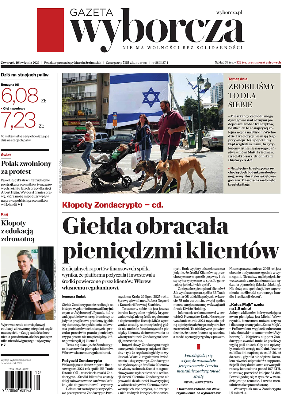 Prima pagina Gazeta Wyborcza di oggi - Edicola 16 Aprile 2026