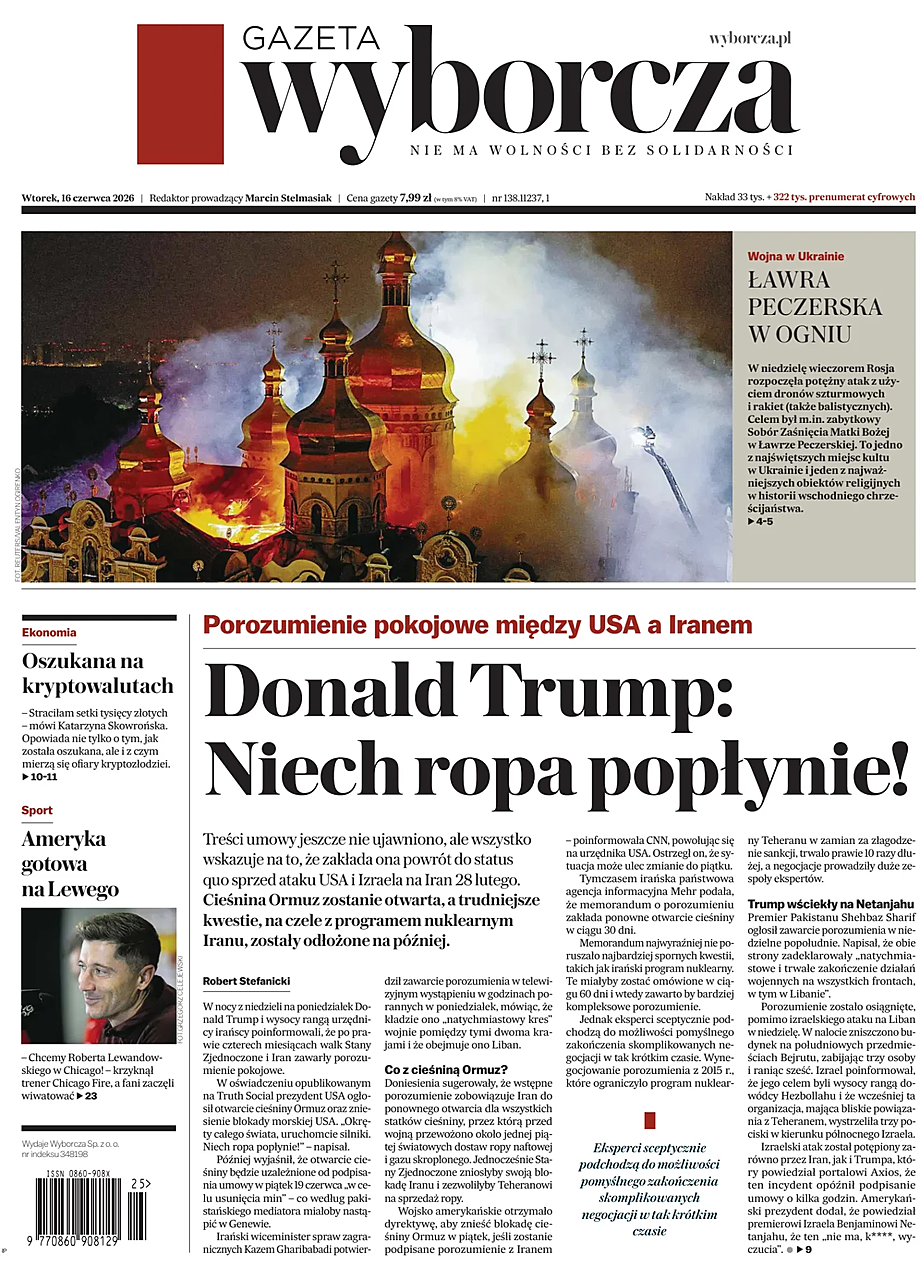 Portada Gazeta Wyborcza de hoy - Quiosco 16 junio 2026