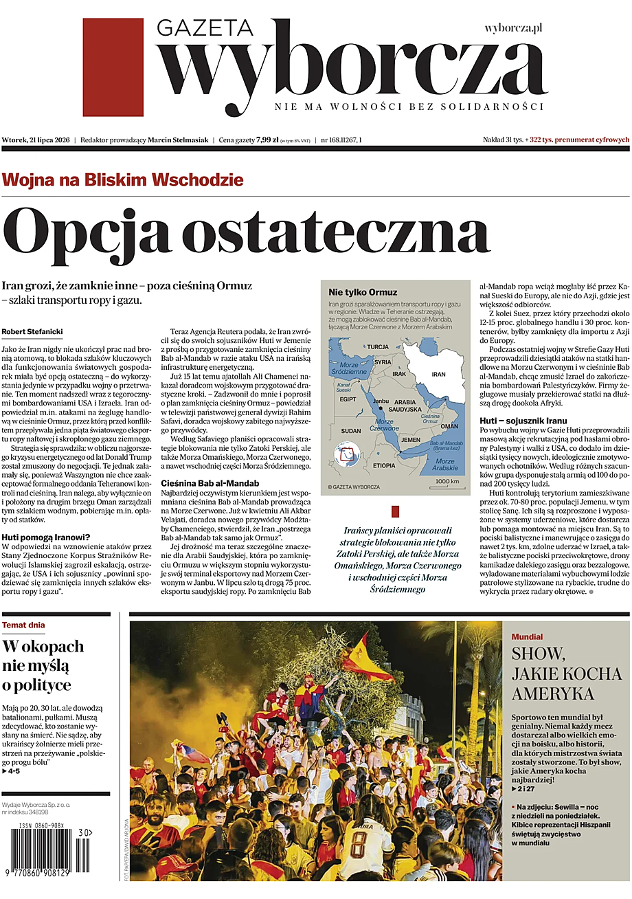 Prima pagina Gazeta Wyborcza di oggi - Edicola 21 Luglio 2026