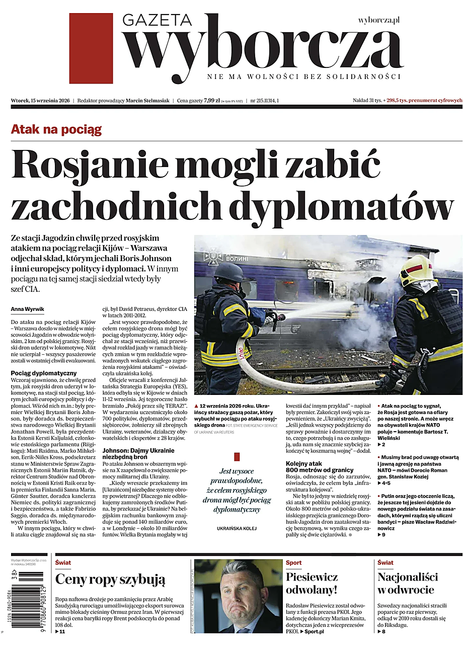 Portada Gazeta Wyborcza de hoy - Quiosco 15 septiembre 2026