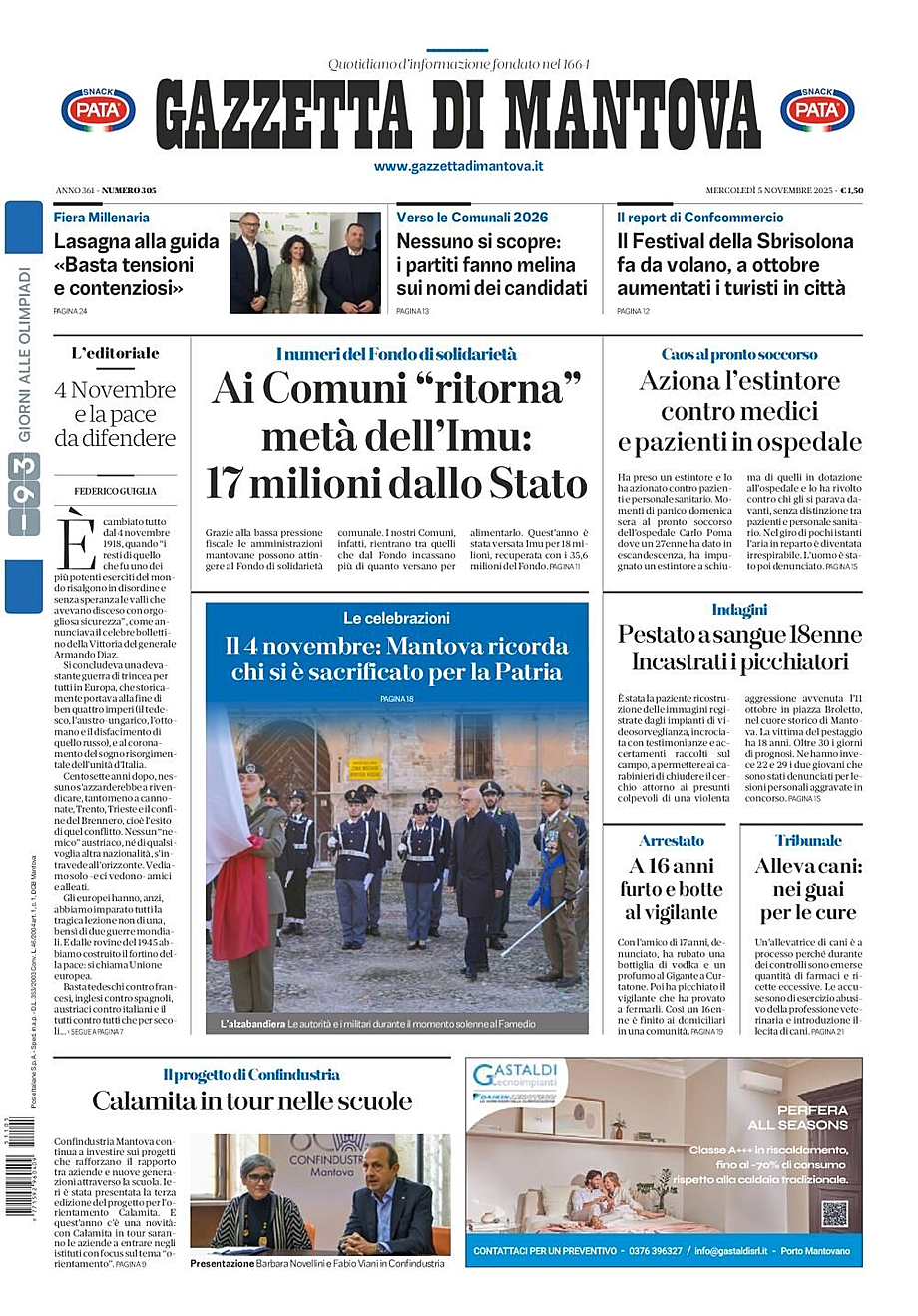 Prima pagina Gazzetta di Mantova di oggi - Edicola 5 Novembre 2025
