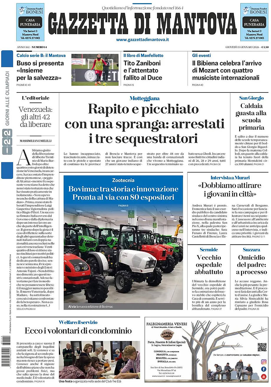 Prima pagina Gazzetta di Mantova di oggi - Edicola 15 Gennaio 2026