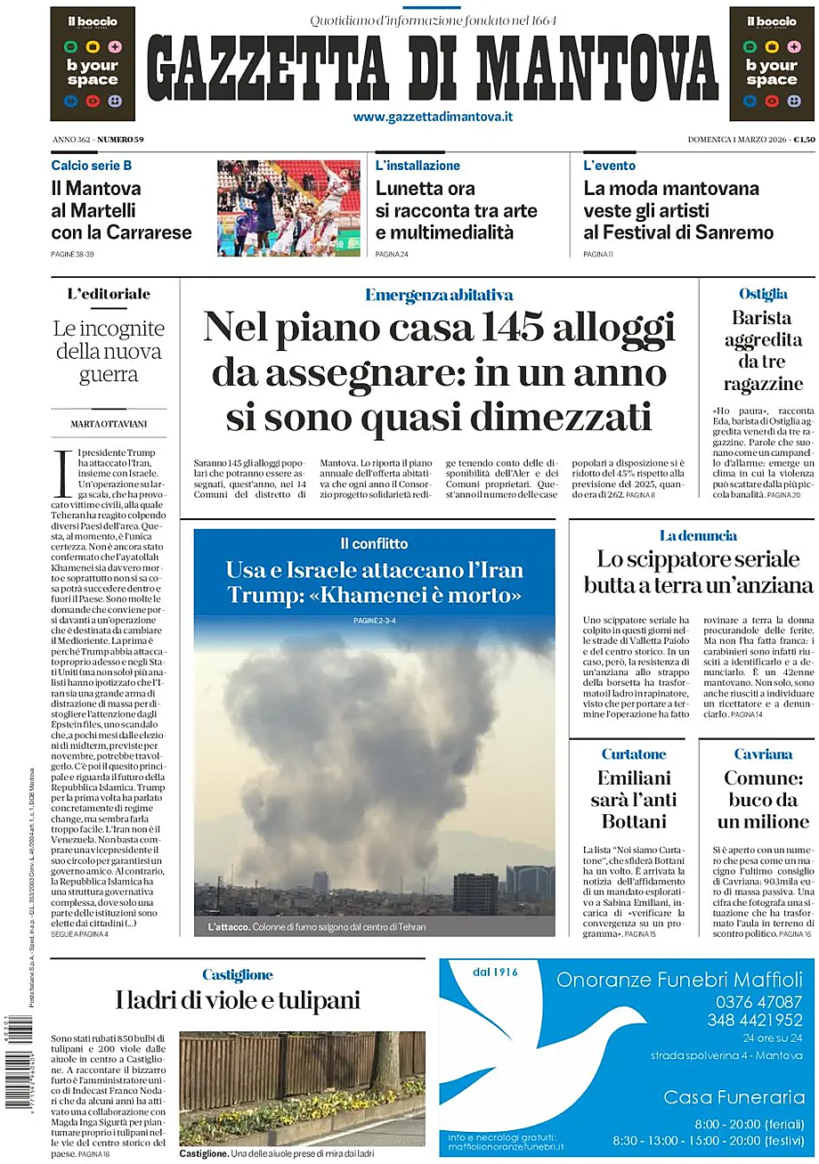 Prima pagina Gazzetta di Mantova di oggi - Edicola 1 Marzo 2026