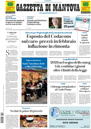 Prima pagina Gazzetta di Mantova di oggi - Quotidiano regionale