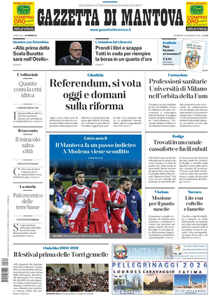 Prima pagina Gazzetta di Mantova di oggi - Quotidiano regionale