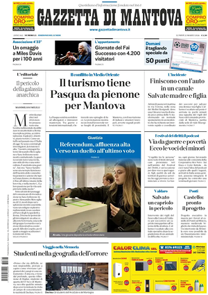 Prima pagina Gazzetta di Mantova di oggi - Quotidiano regionale