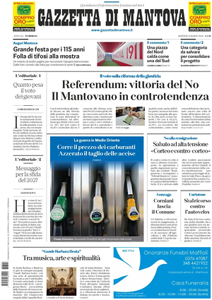 Prima pagina Gazzetta di Mantova di oggi - Quotidiano regionale