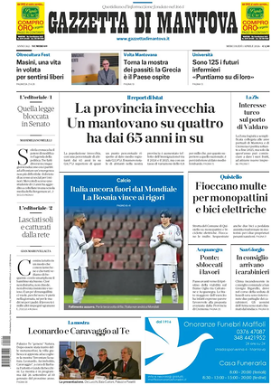 Prima pagina Gazzetta di Mantova di oggi - Quotidiano regionale