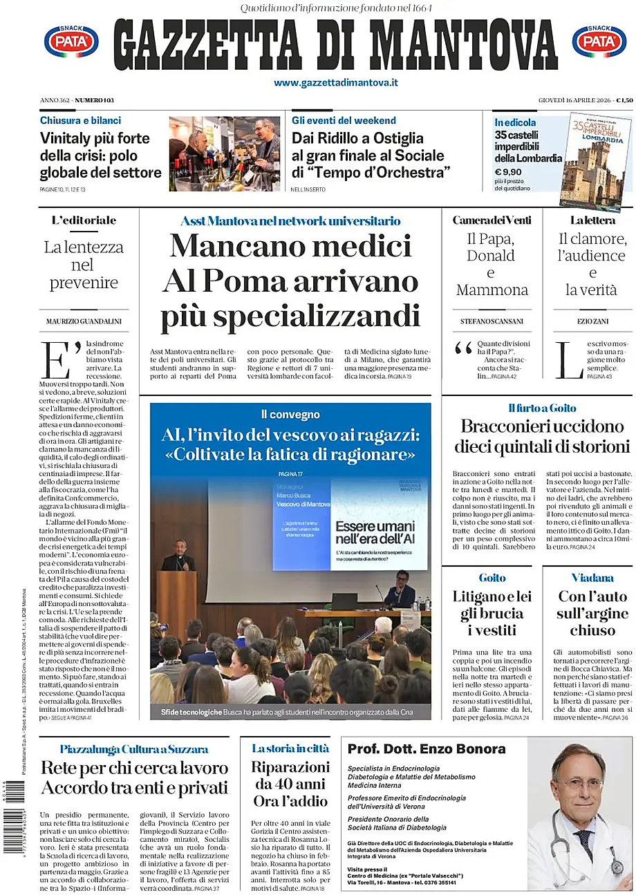Prima pagina Gazzetta di Mantova di oggi - Edicola 16 Aprile 2026