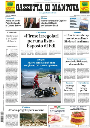 Prima pagina Gazzetta di Mantova di oggi - Quotidiano regionale