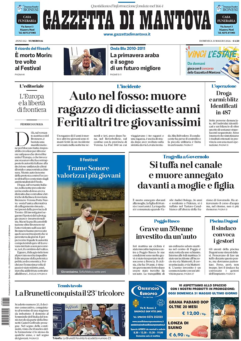 Prima pagina Gazzetta di Mantova di oggi - Edicola 31 Maggio 2026