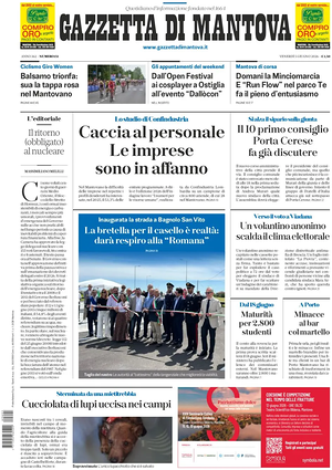 Prima pagina Gazzetta di Mantova di oggi - Quotidiano regionale