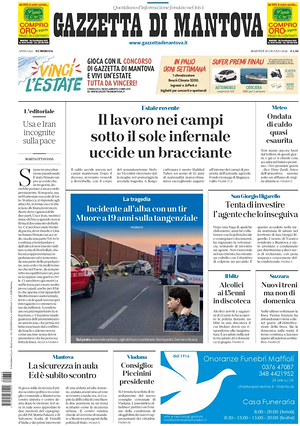 Prima pagina Gazzetta di Mantova di oggi - Quotidiano regionale
