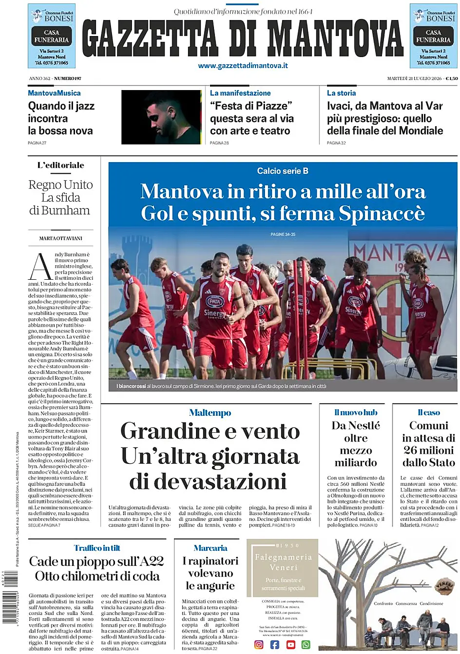 Prima pagina Gazzetta di Mantova di oggi - Edicola 21 Luglio 2026