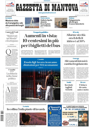 Prima pagina Gazzetta di Mantova di oggi - Quotidiano regionale