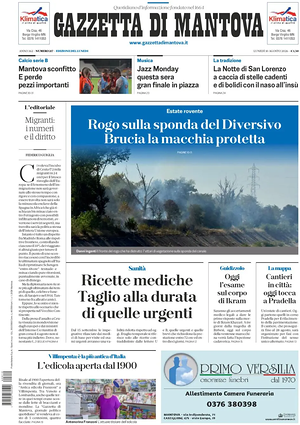 Prima pagina Gazzetta di Mantova di oggi - Quotidiano regionale