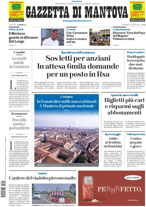 Prima pagina Gazzetta di Mantova di oggi - Quotidiano regionale