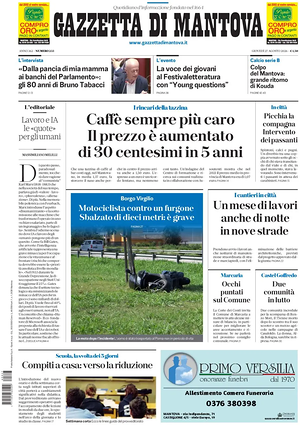 Prima pagina Gazzetta di Mantova di oggi - Quotidiano regionale