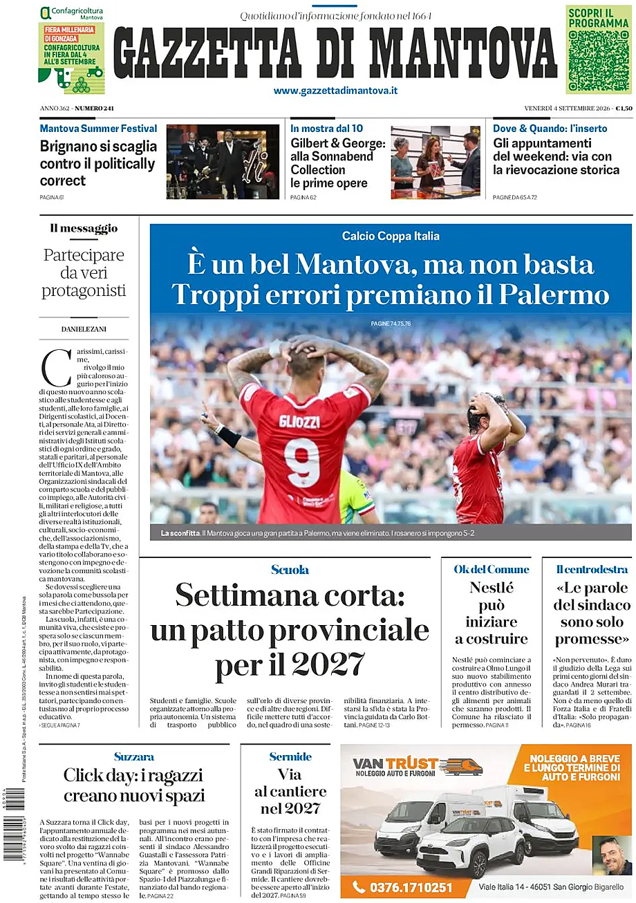 Prima pagina Gazzetta di Mantova di oggi - Edicola 4 Settembre 2026