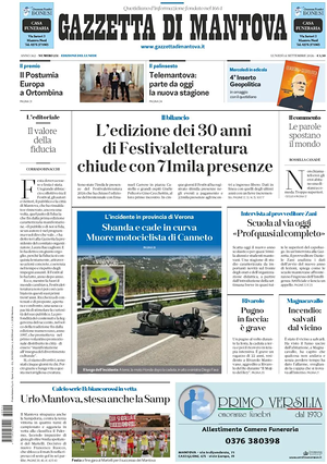 Prima pagina Gazzetta di Mantova di oggi - Quotidiano regionale