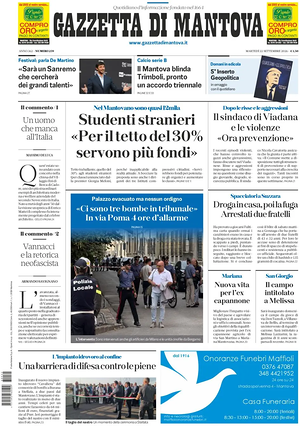 Prima pagina Gazzetta di Mantova di oggi - Quotidiano regionale