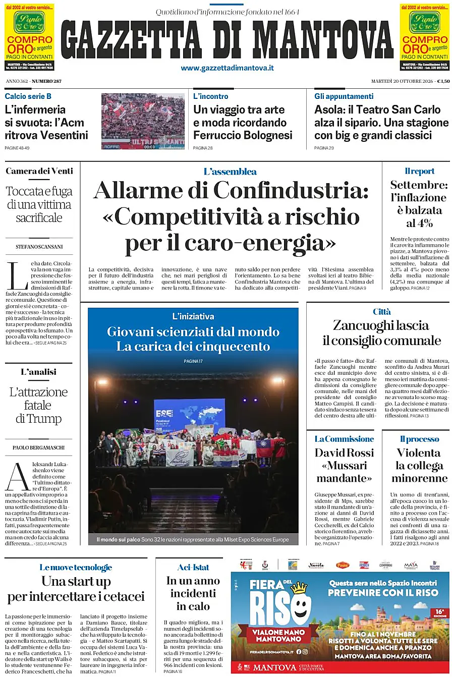 Prima pagina Gazzetta di Mantova di oggi - Edicola 20 Ottobre 2026
