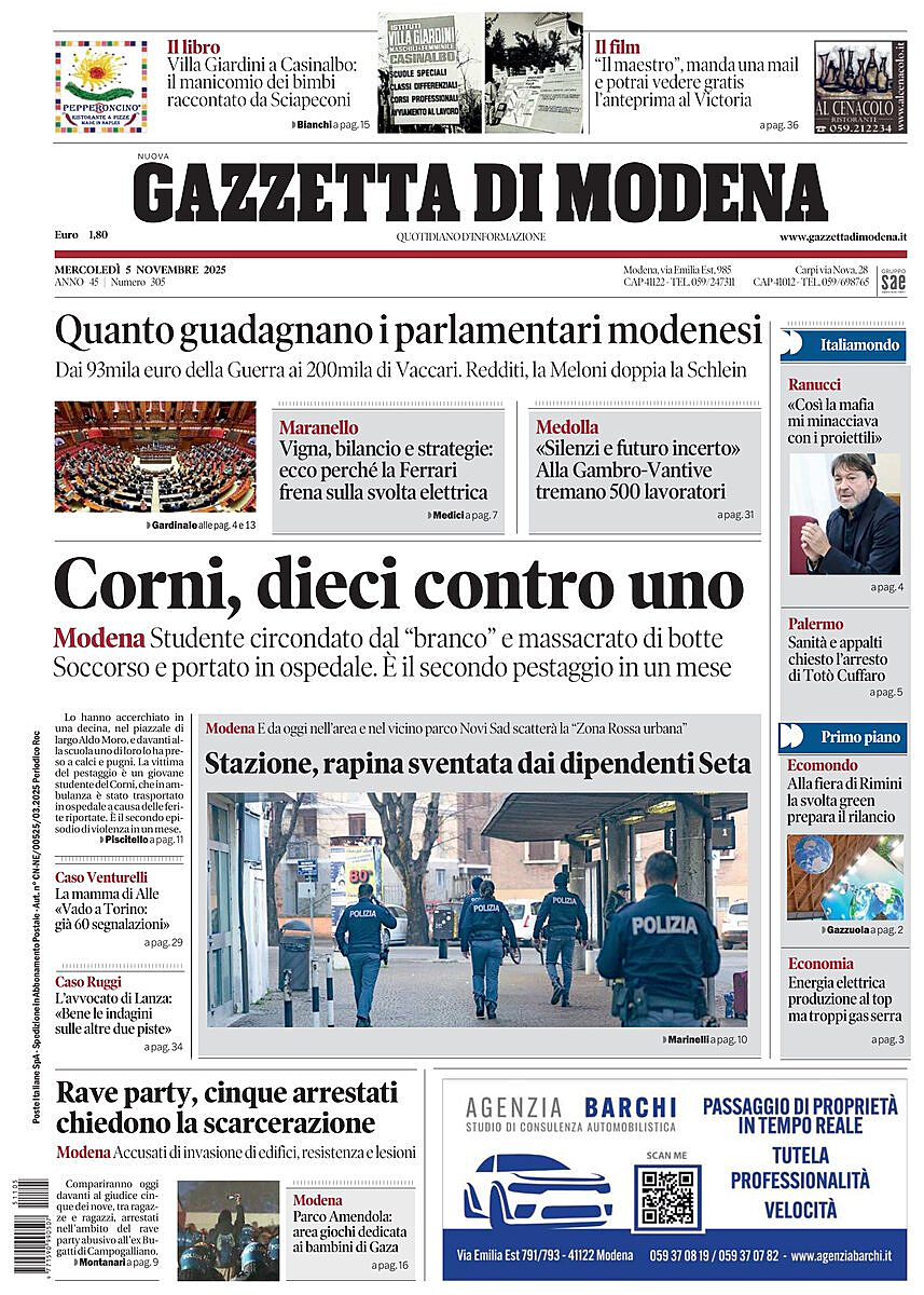 Prima pagina Gazzetta di Modena di oggi - Edicola 5 Novembre 2025