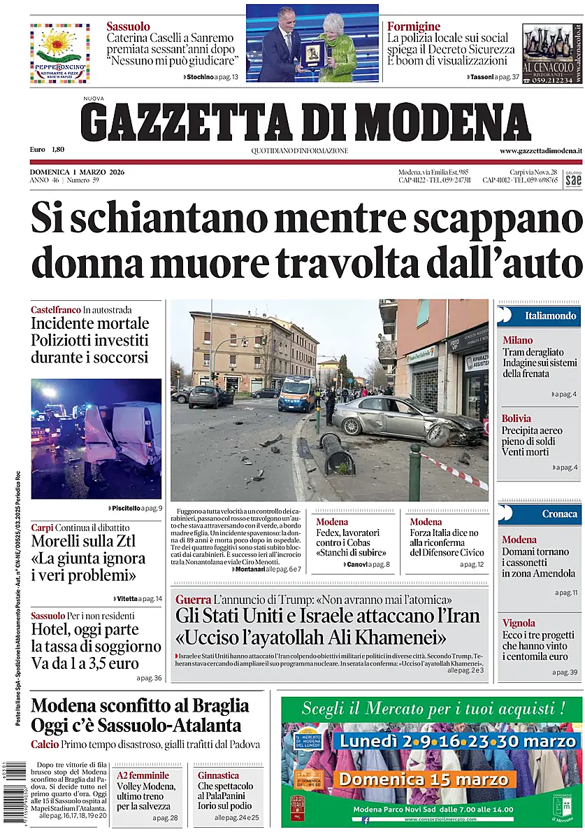 Prima pagina Gazzetta di Modena di oggi - Edicola 1 Marzo 2026